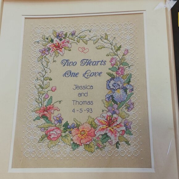 Dimensions Stamped Cross Stitch Kit 3122 Two Hearts Wedding Record Floral VTG - Picture 5 of 7